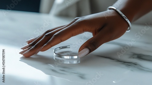 Woman's hand placing silver bracelet on marble