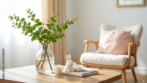 A bright spring living room interior with a wooden coffee table, a glass vase filled with fresh green leaves, a charming white bunny easter decoration