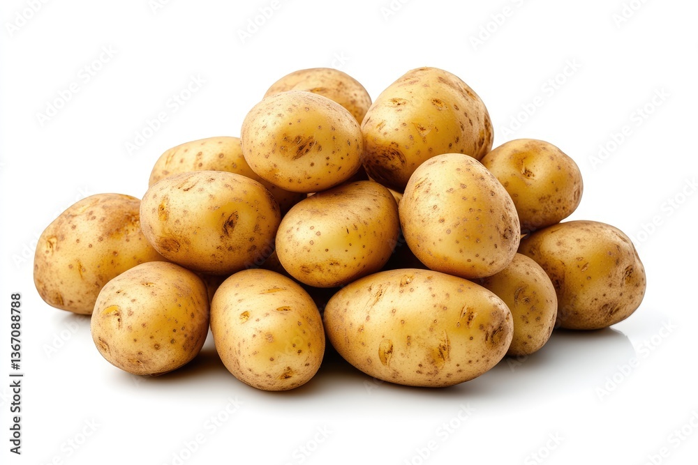 Pile of fresh potatoes. A close-up view of a generous heap of potatoes, displayed against a pure white background. Pile of fresh potatoes. A close-up view of a generous heap of potatoes, displayed against a pure white background.