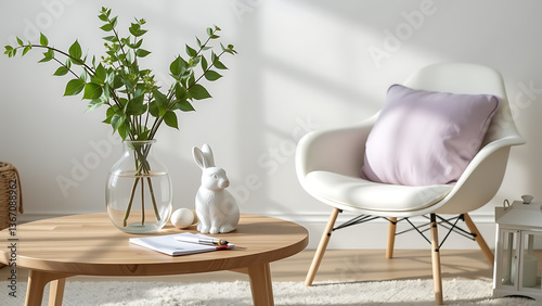 A serene spring living room interior with a minimalist wooden coffee table, a glass vase of fresh leaves, a white bunny easter statue, a chic chair with a round pillow in soft lavender