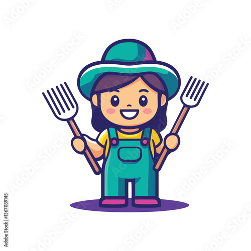 Cheerful Gardener Cartoon: Green-Hatted Character Holding Pitchforks with Rosy Cheeks