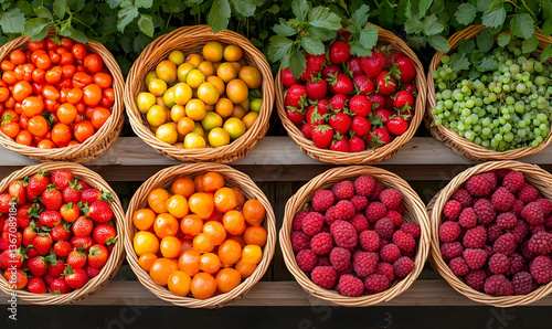 Assorted Fruit Varieties in Wicker Baskets on Display