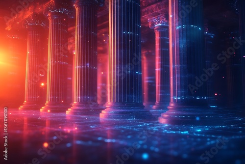 Abstract pillars holding up a strong foundation of marketing strategies in a glowing digital environment