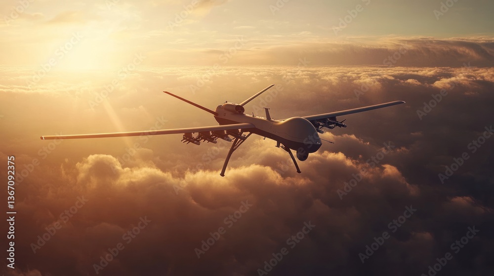 Drone aircraft soaring through clouds at sunset Drone aircraft soaring through clouds at sunset