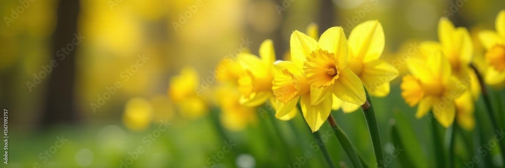 Vibrant yellow daffodils sway gently in the breeze, flowers, landscape, wildflowers Vibrant yellow daffodils sway gently in the breeze, flowers, landscape, wildflowers