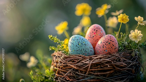 Easter celebration scene garden nest nature photography springtime close-up festive vibes