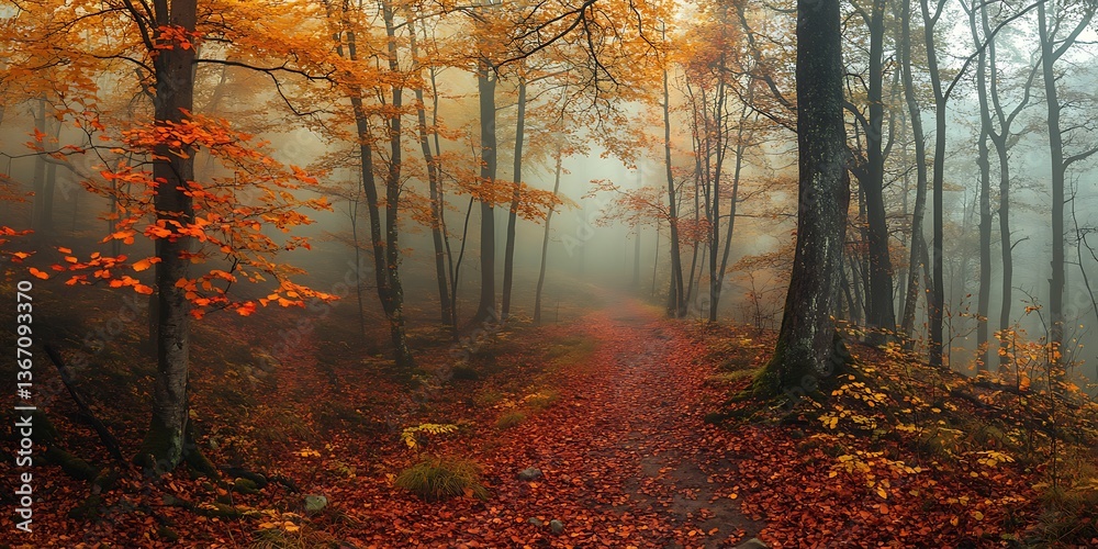 Obraz premium a path through a forest with orange leaves