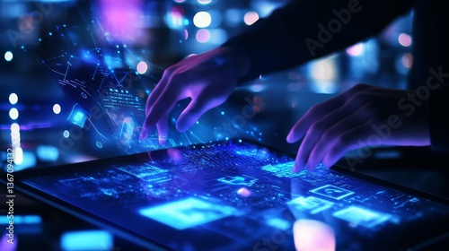 A digital artist working on a tablet, creative studio background with LED lights and design software, Creative-tech style