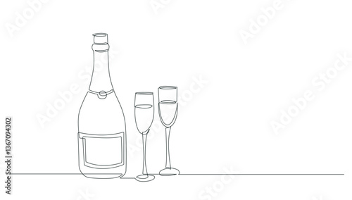 Wine Glasses and Wine Bottle One Line Drawing. Glass of Wine Abstract Minimal Simple Linear Drawing. Drink Concept Continuous One Line Illustration. Modern Trendy Contour Drawing. Vector EPS 10.