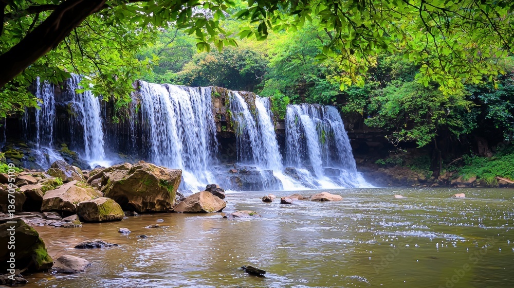 A serene jungle waterfall cascades over mossy rocks into a tranquil river, creating a breathtaking natural scene perfect for travel brochures or nature documentaries with ample A serene jungle waterfall cascades over mossy rocks into a tranquil river, creating a breathtaking natural scene perfect for travel brochures or nature documentaries with ample