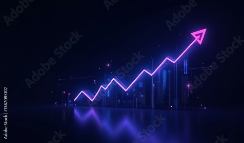 Glowing upward neon arrow graph powerfully ascends over futuristic city reflecting vibrant purple light. AI Generated