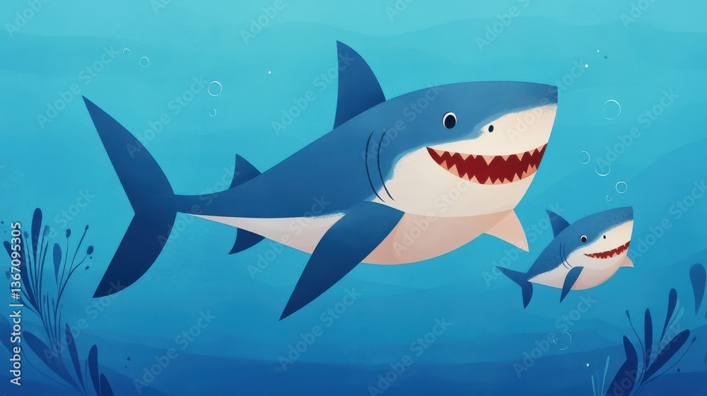 Fototapeta premium cartoon of a big shark and small shark swimming together in gradient blue ocean, playful children's illustration style