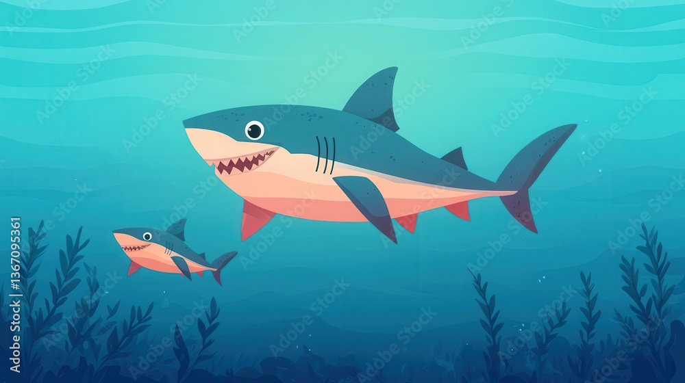Fototapeta premium cartoon of a big shark and small shark swimming together in gradient blue ocean, playful children's illustration style