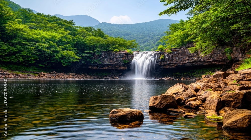Fototapeta premium A serene jungle waterfall cascades into a tranquil pool surrounded by lush greenery and smooth rocks offe ample copy space for your design projects and presentations.