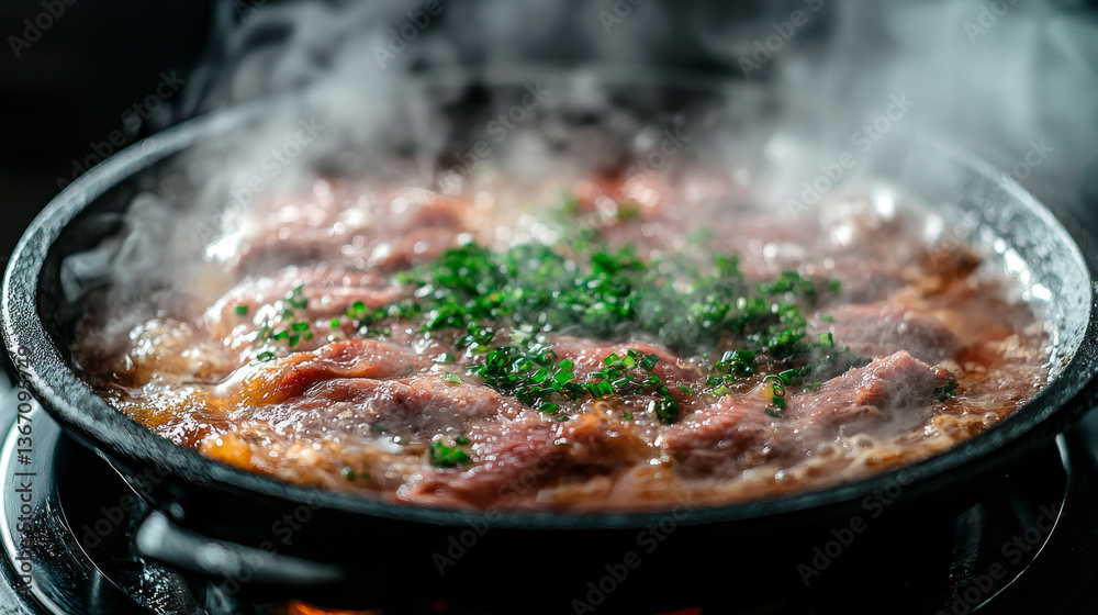 Steaming hot pot of savory meat and scallions Steaming hot pot of savory meat and scallions