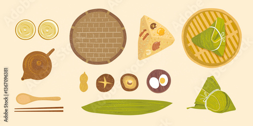 Top view of zongzi and ingredients for Dragon Boat Festival