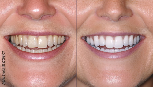 A before-and-after photograph of teeth whitening, showing the transformation from yellowed to bright white teeth, highlighting their change in color and the aesthetics of the smile. Dental portrait