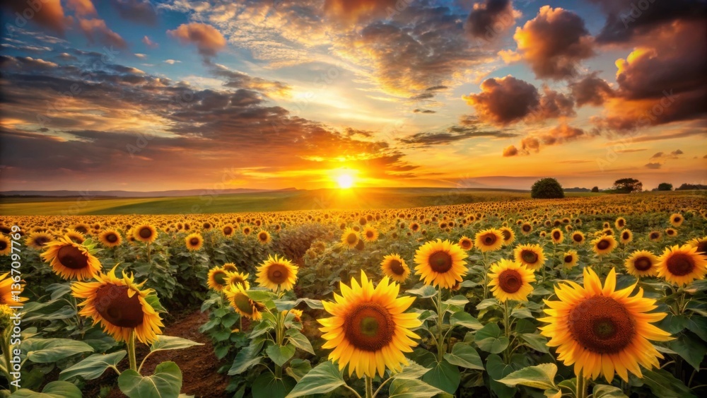 Obraz premium Sunset Over Vast Field of Sunflowers Illuminated by Golden Light