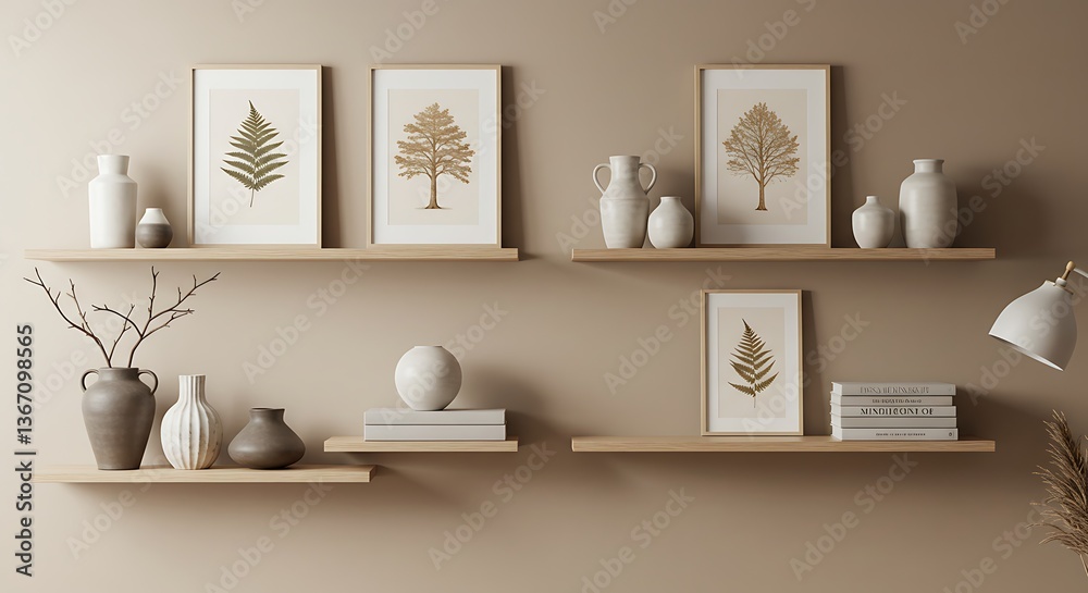 Wood floating shelf with frames and vases on white wall. Storage organization for home. Interior design of modern living room.
Wood floating shelf with frames and vases on white wall. Storage organization for home. Interior design of modern living room.