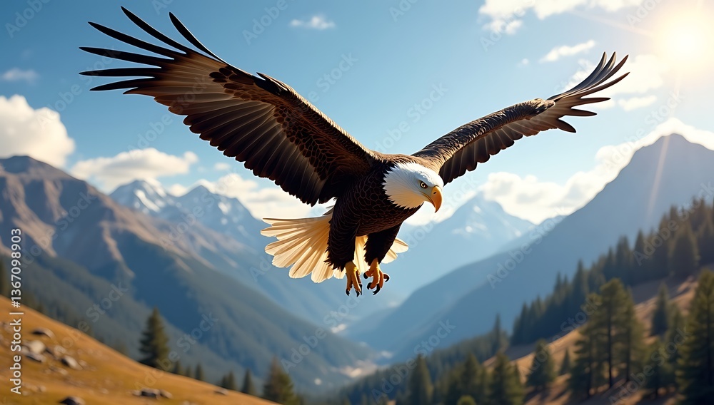 Obraz premium A Majestic Eagle with Wings Spread Wide, Soaring Over a Mountain Landscape 