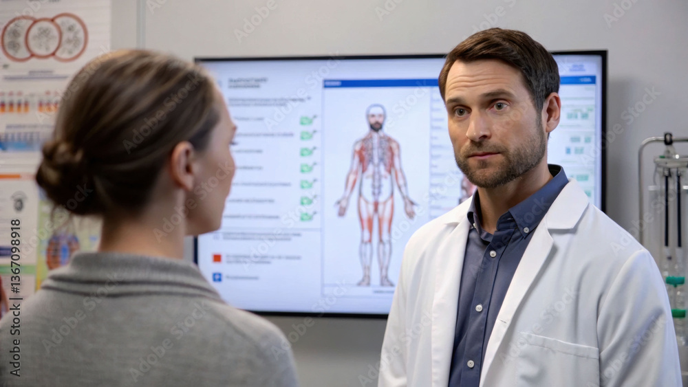 Fototapeta premium Medical professional explaining toxicology tests clinic setting health education informative environment engaging viewpoint