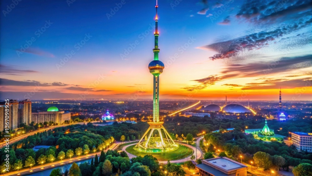 Obraz premium Illuminated Television Tower Against Vibrant Sunset Sky Background