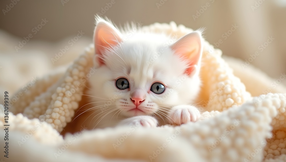 Obraz premium A Cute and Fluffy White Kitten Sitting in a Soft Blanket, Looking Curious and Innocent 