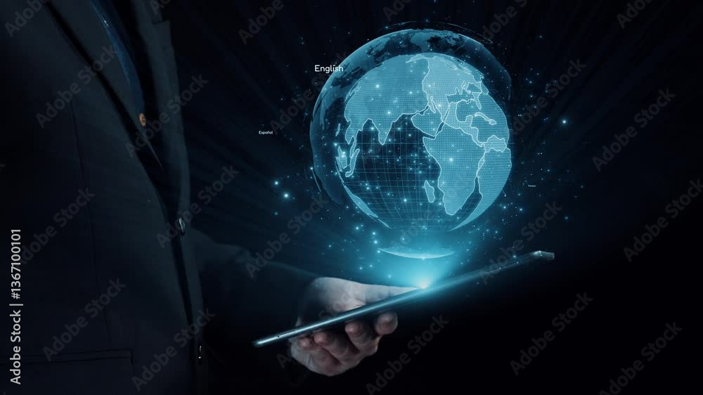 A professional hand holds a tablet with a digital globe displaying various languages, highlighting the importance of communication and global connectivity in today world. Qubit