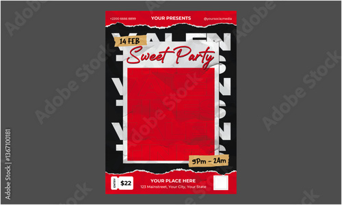 Valentines Party Flyer. Valentines day. Romantic set vector backgrounds. Festive gift card templates with realistic 3d design elements. Holiday banners, web poster, flyers and brochures, greeting card