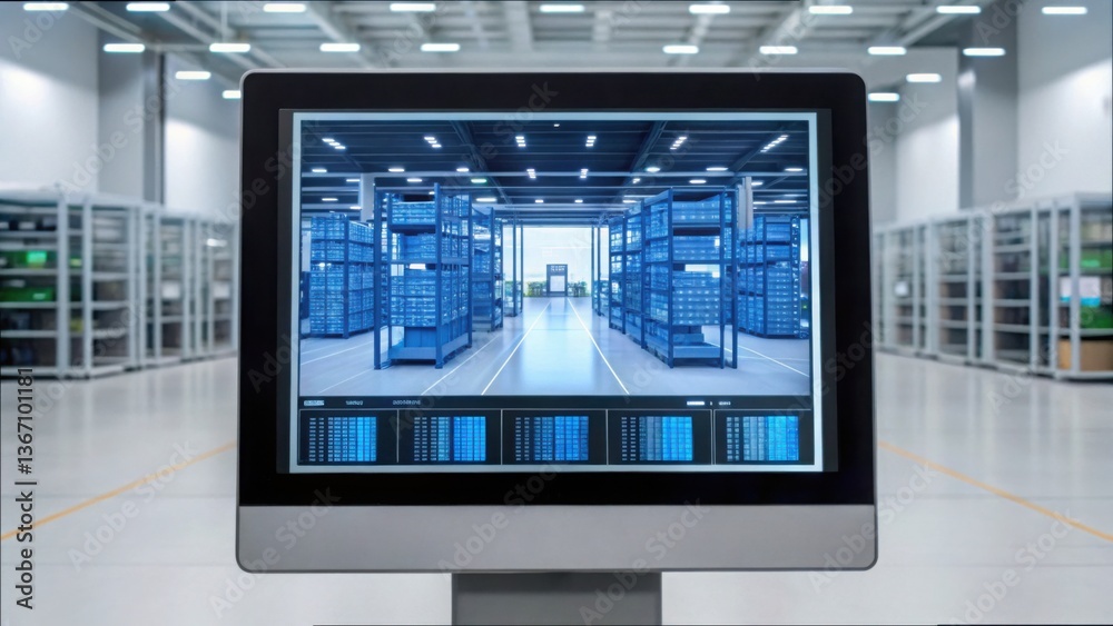 Large Warehouse Simulation on Touch Screen Monitor Displaying Data Large Warehouse Simulation on Touch Screen Monitor Displaying Data