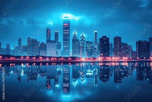 Vibrant city skyline at night, reflected in calm water.  Modern skyscrapers illuminated with vibrant blue hues.  Calm water mirrors the cityscape