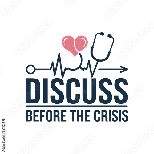Medical logo, heartbeat line, stethoscope, pink heart, navy blue text, health awareness campaign, simple graphic design, white background, preventive healthcare message, crisis prevention
