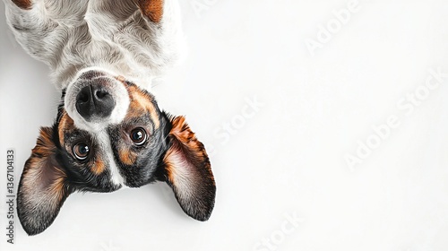 A playful dog hanging upside down with ears pointing up and eyes looking at the camera, isolated on a white background. Web banner with copy space on the right side.  
