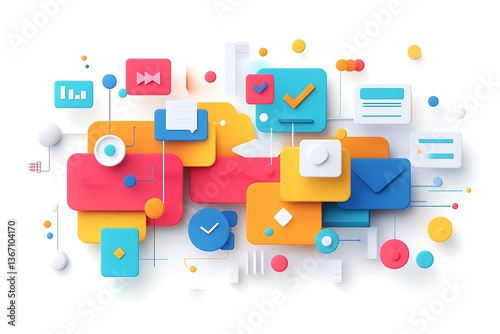 An abstract concept of digital customer loyalty programs, creatively using vibrant icons and digital elements to represent the building and nurturing of customer relationships