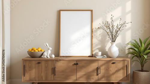 A charming easter living room interior with a mock up poster frame on a rustic wooden sideboard, a delicate hare sculpture, a stylish bowl filled with fresh lemons