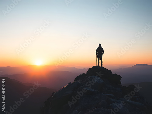 Person Standing on Mountain Peak at Sunset, Silhouette, Adventure, Travel, Exploration, Nature, Scenery.