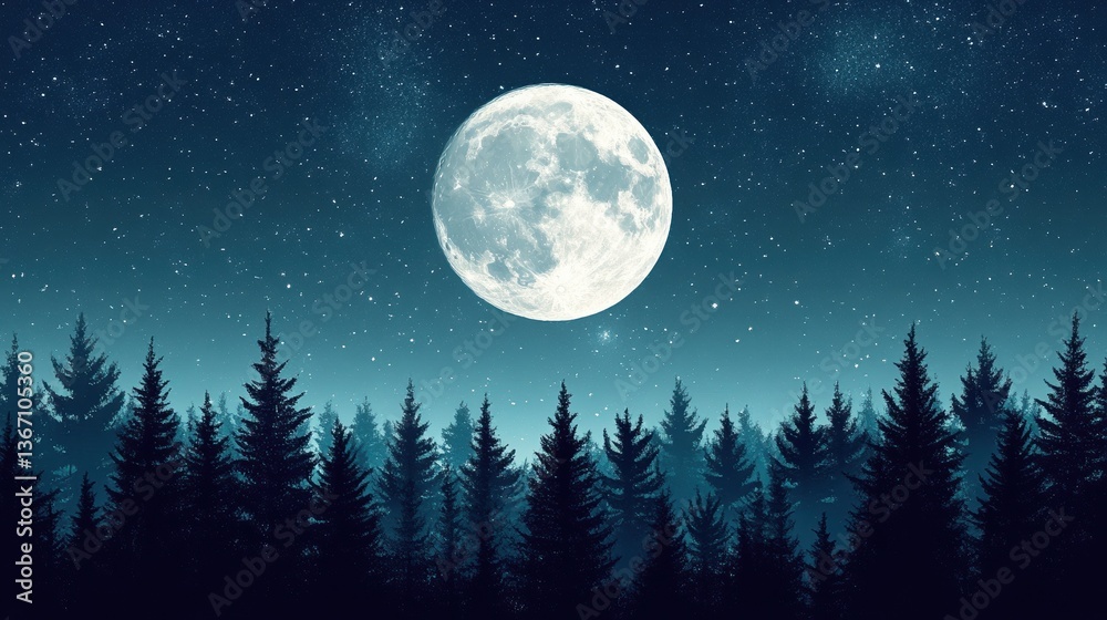 Majestic full moon illuminating starry night sky over pine forest illustration Majestic full moon illuminating starry night sky over pine forest illustration