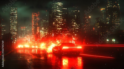 Futuristic Cyberpunk Night Drive . Neon Cityscape with Sports Car