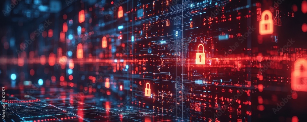 A digital landscape featuring glowing red and blue locks against a dark background, symbolizing cybersecurity and data protection.