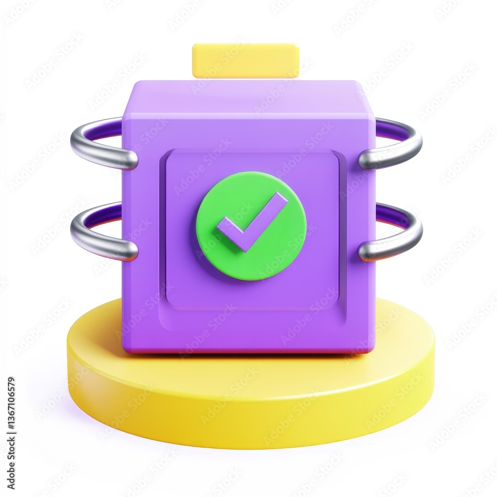 Obraz premium 3D render, checkmark icon, purple box, yellow base, isolated, white background