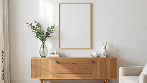 A minimalist Easter living room interior featuring a mock up poster frame above a wooden sideboard, adorned with a glass vase filled with fresh green leaves, an Easter bunny sculpture, a glass bowl