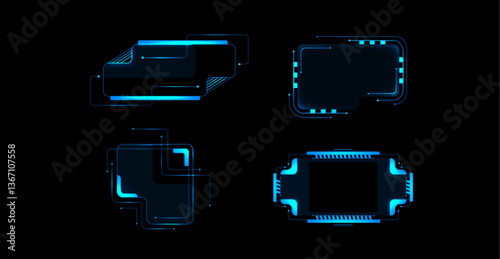 Cyberpunk hud frames and panels with futuristic neon blue glow. Geometric shapes form hi tech screens, displaying lines and squares. Rectangular elements for sci fi game interfaces and dashboards.