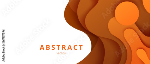 Orange gradient layered paper cut waves and circles abstract vector background. 3d topography relief map. Modern wavy papercut art illustration. Decorative curved overlapping shapes composition.