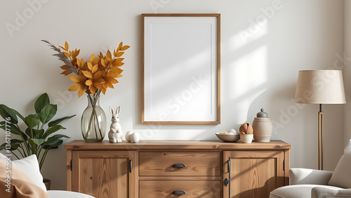 A cozy Easter living room composition with a mock up poster frame as the focal point above a rustic wooden sideboard, styled with a glass vase of vibrant leaves, an Easter bunny sculpture