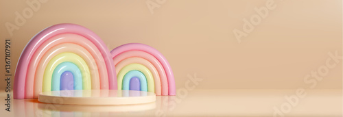 3d pastel rainbow arches with platform display stands on beige background - multicolored children decorative elements in minimalist style. Modern showcase concept for kids product presentation.