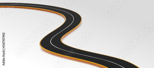 3D road highway curve with black asphalt surface and yellow edges. White dividing line runs through center of realistic winding path. Minimalist racing track design for infographic elements.