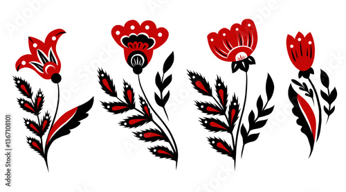 Vector set of black and red decorative floral clip arts. Collection of slavic flowers in folk art style isolated from background. Blooming wildflowers in traditional style