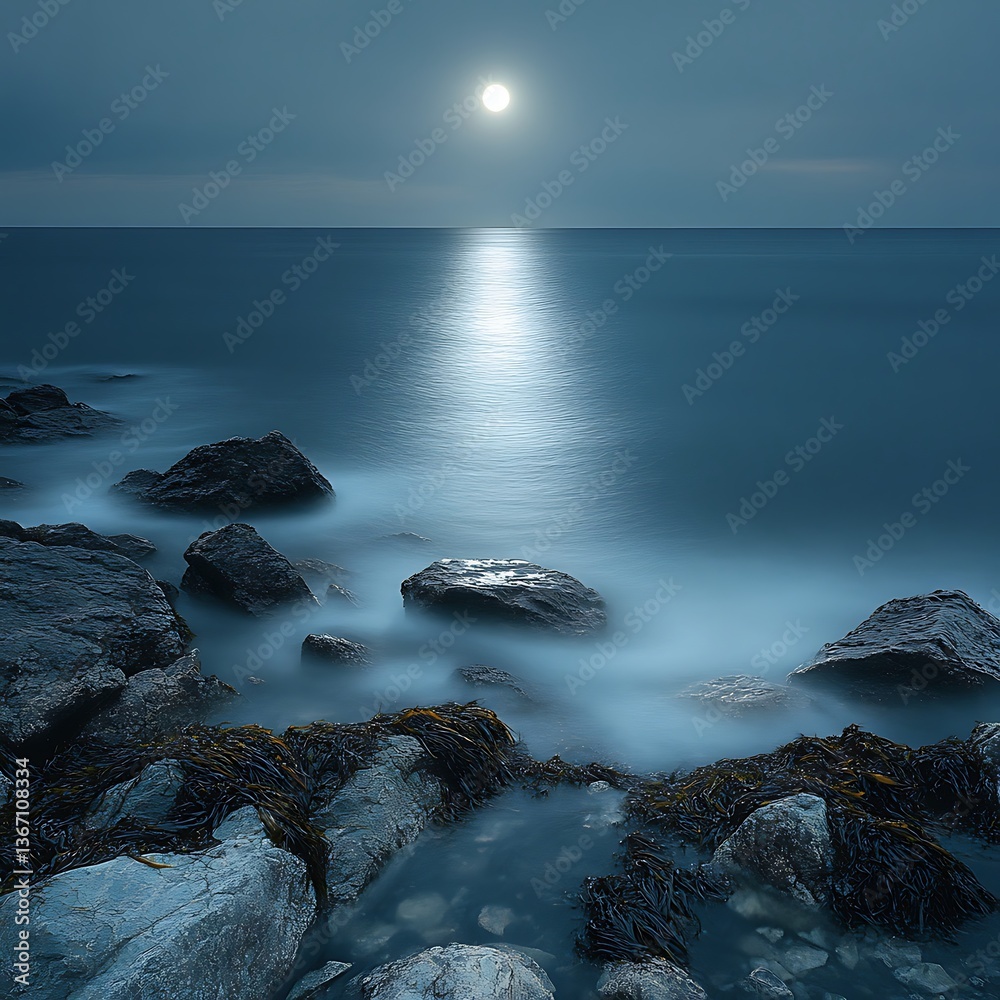 Obraz premium Serene Lunar Glow over Rock Coastline Calm Waters in the Night Peace Tranquility Dreamlike Scene