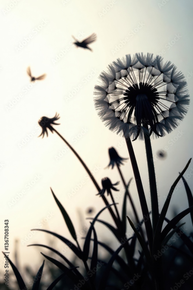 Obraz premium Dark silhouette, dandelion seed heads fly against white , elegant, spring, image