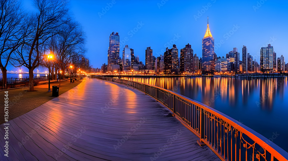 Obraz premium Panoramic view of Manhattan's illuminated skyline at dusk. Urban cityscape with tall buildings and waterfront, isolated on a white background. Concept of New York City